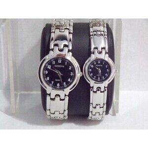 Geneva His & Her's Wristwatches Quartz Silver & Black Face Bracelet with Clasp